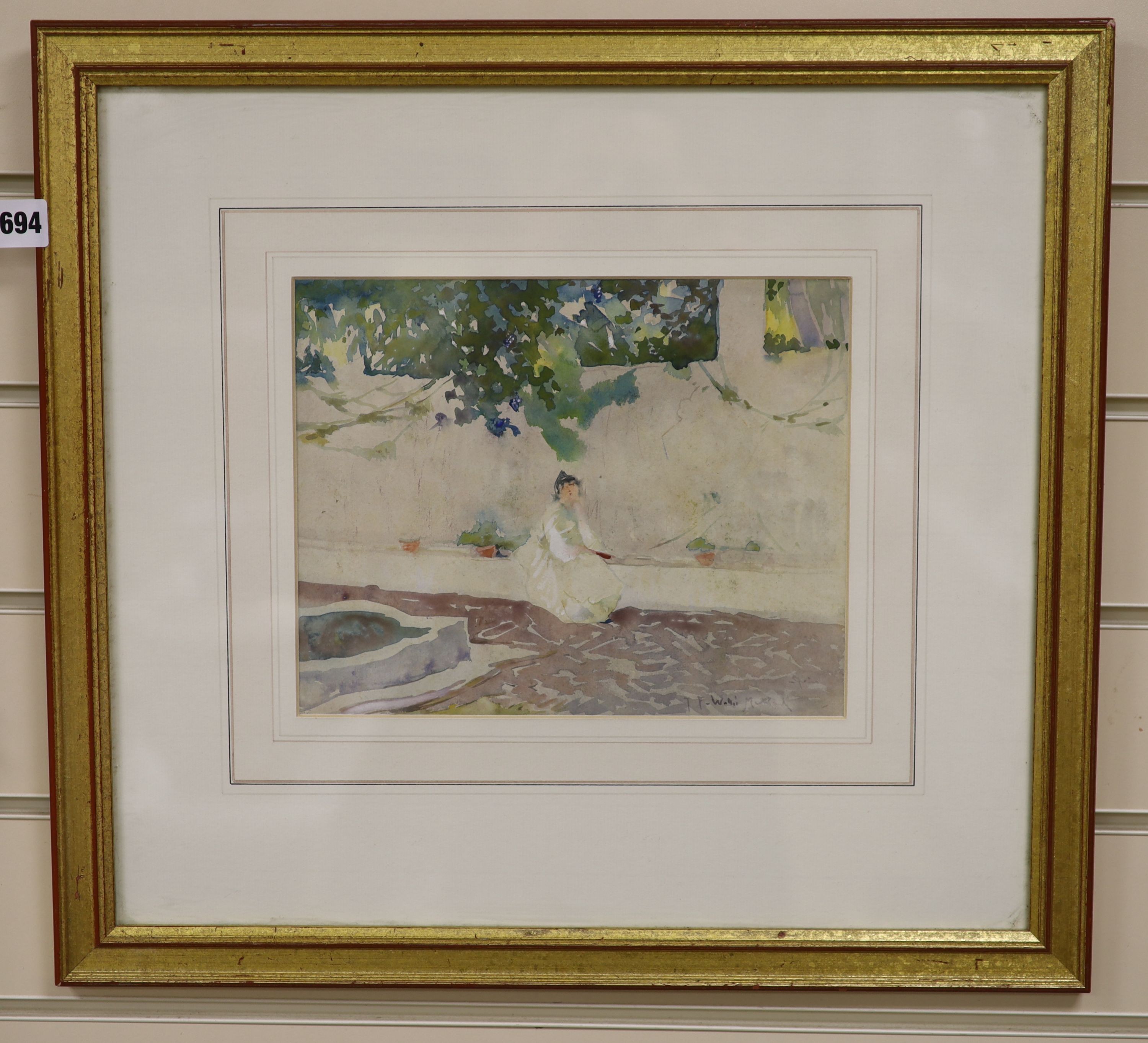 T F Wallis Mittel, watercolour, Woman seated in a courtyard, signed, 20 x 26cm.